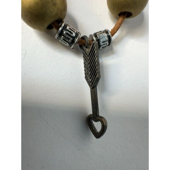 Colorful Wooden Bead Necklace With Brass Accents & Arrow Pendant On Leather Cord - Picture 13 of 16